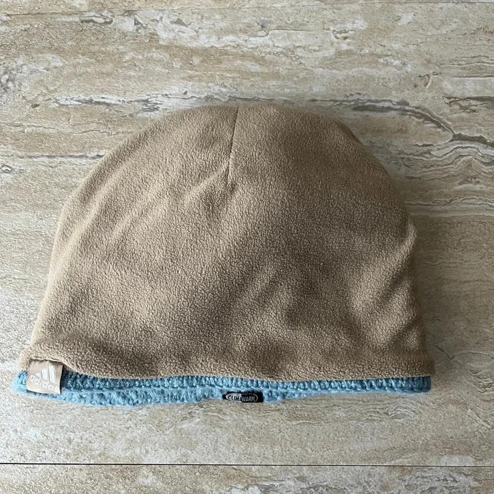 Adidas Beanie Mens OS Blue Striped Crochet Knit Fleece Lined ClimaWarm